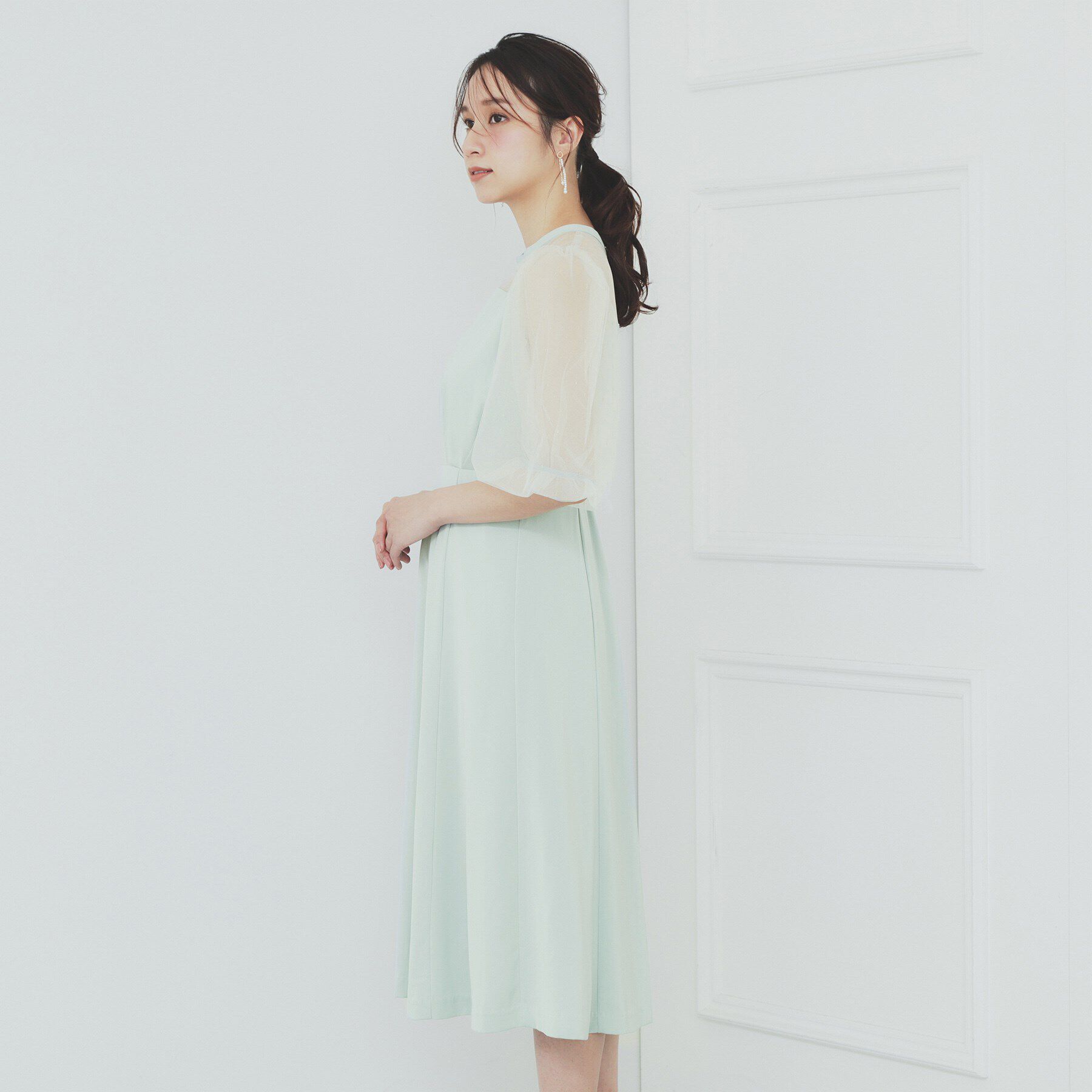 index「ドットチュールスリーブドッキングワンピース【洗濯機洗い可】」|ワンピース|