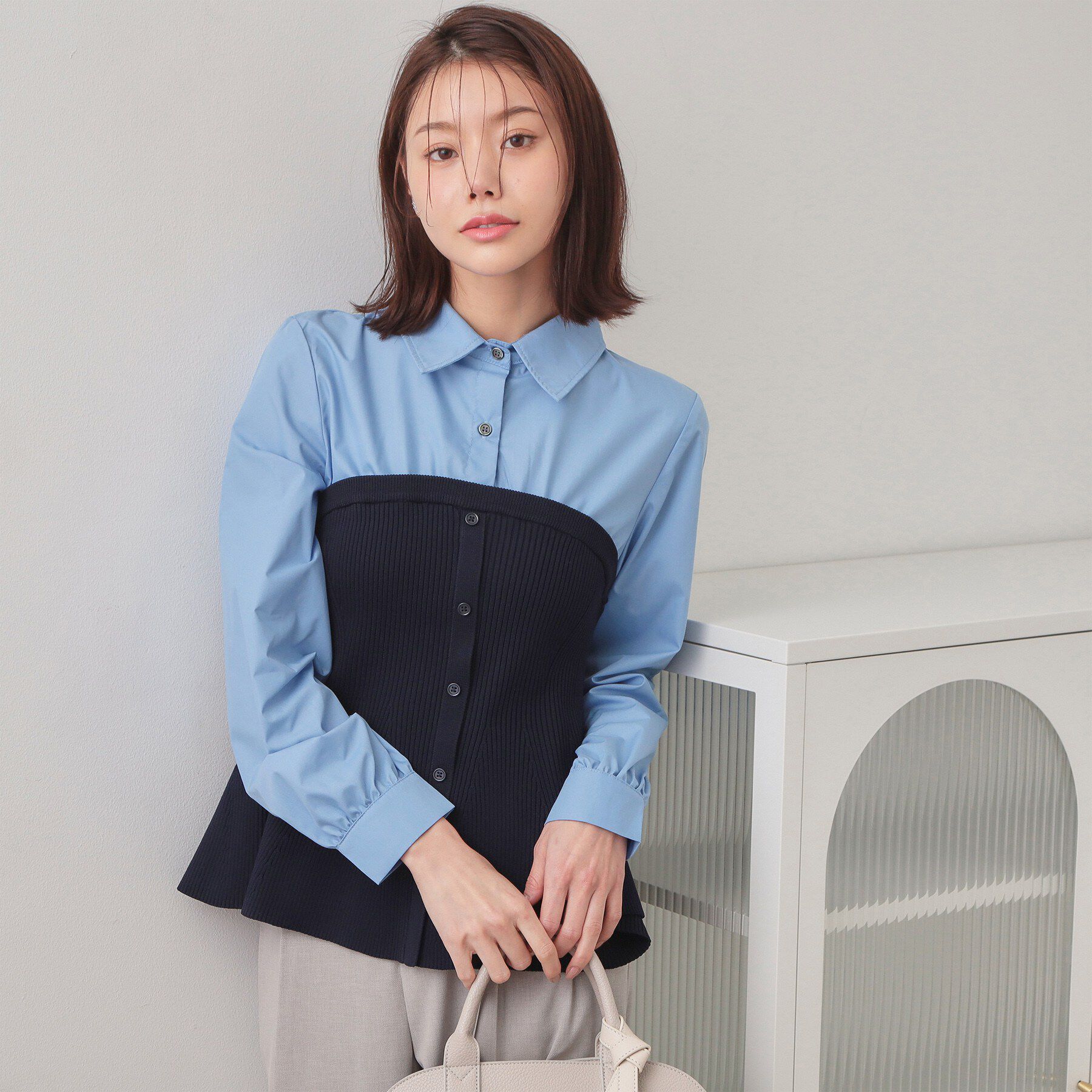 index「シャツドッキングペプラムニット【洗濯機OK】」|ニット・セーター|ネイビー(594)