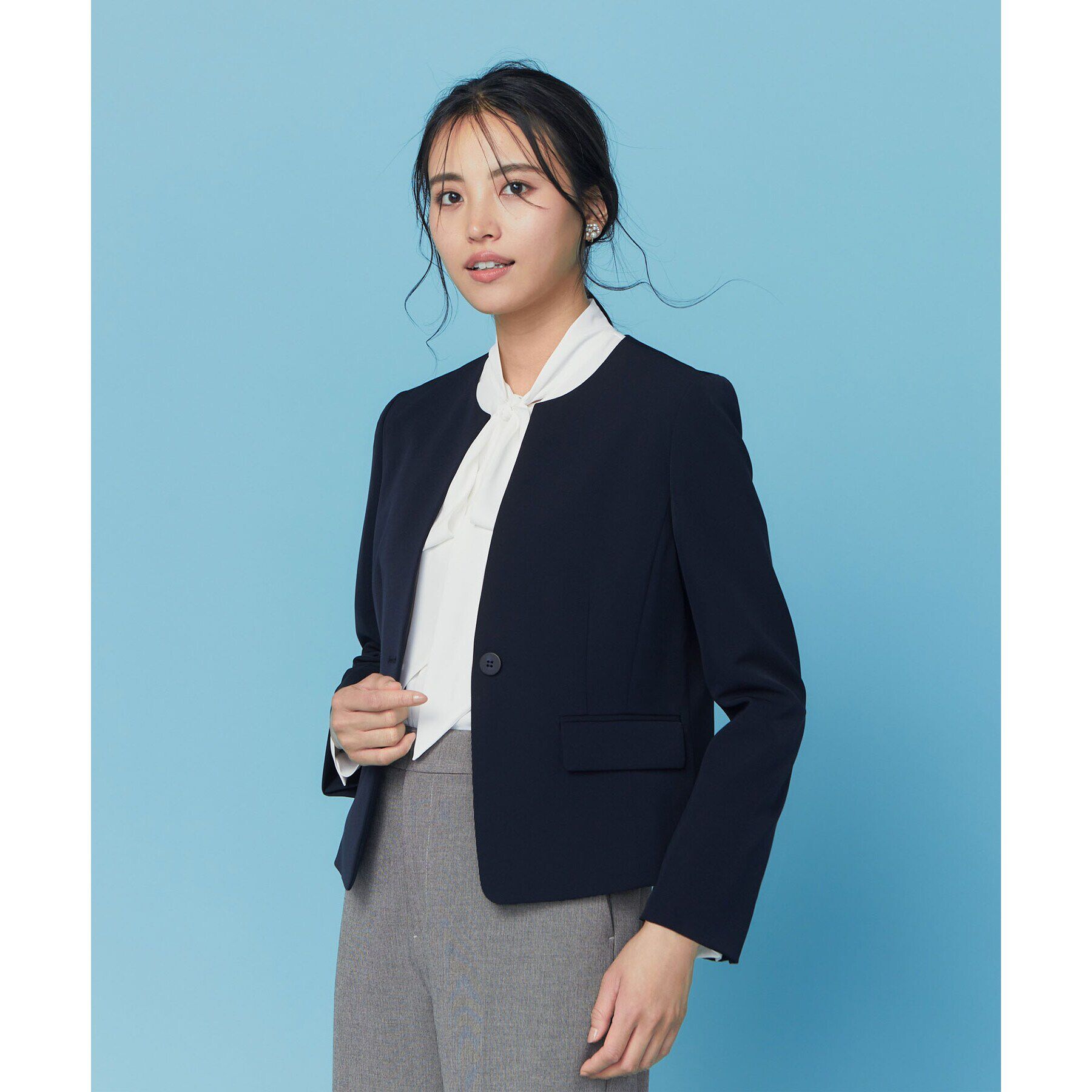 OPAQUE.CLIP「《通勤セットアップ対応》キーネックジャケットダブルクロス【洗濯機洗い可】」|ノーカラージャケット|