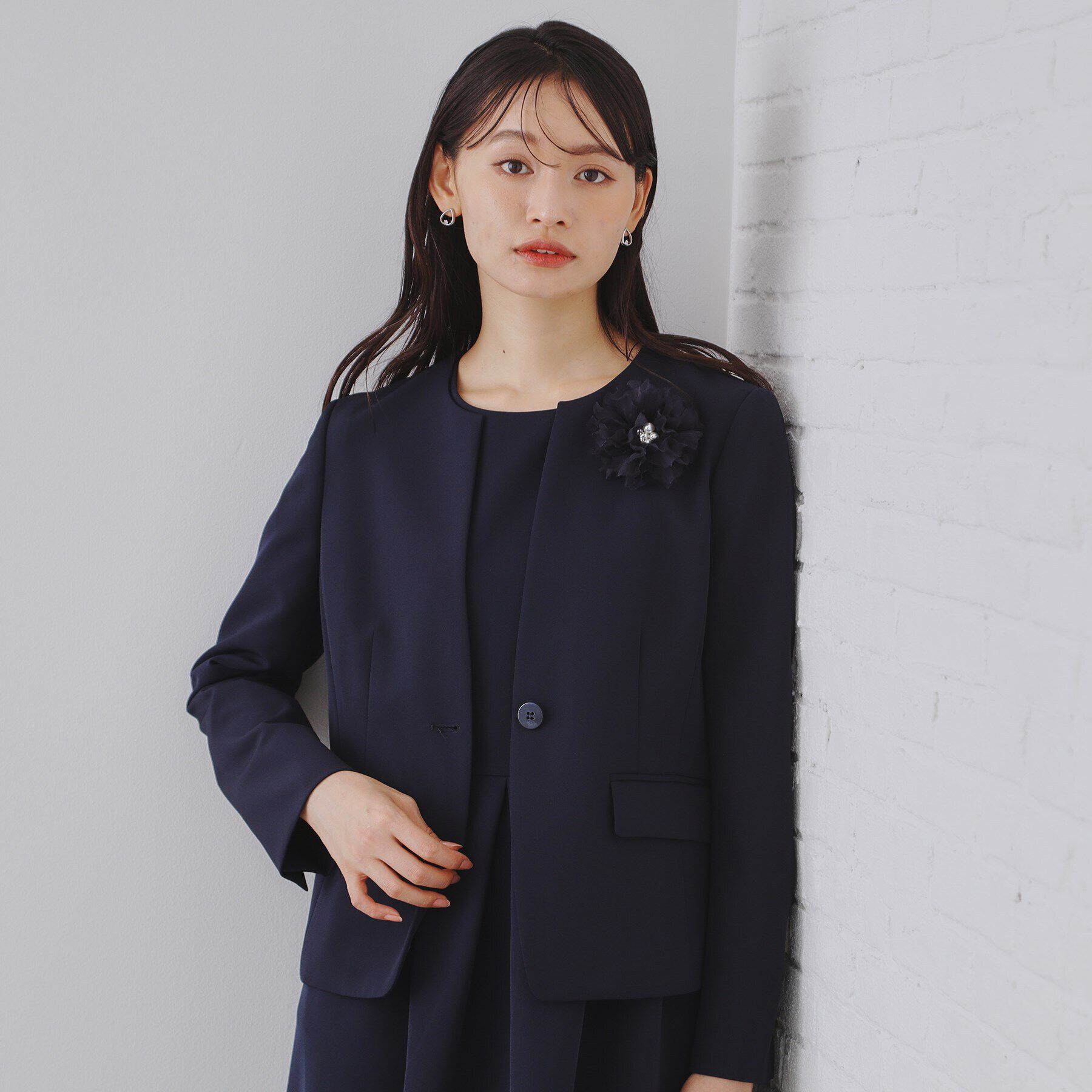 OPAQUE.CLIP「《通勤セットアップ対応》キーネックジャケットダブルクロス【洗濯機洗い可】」|ノーカラージャケット|ネイビー(094)