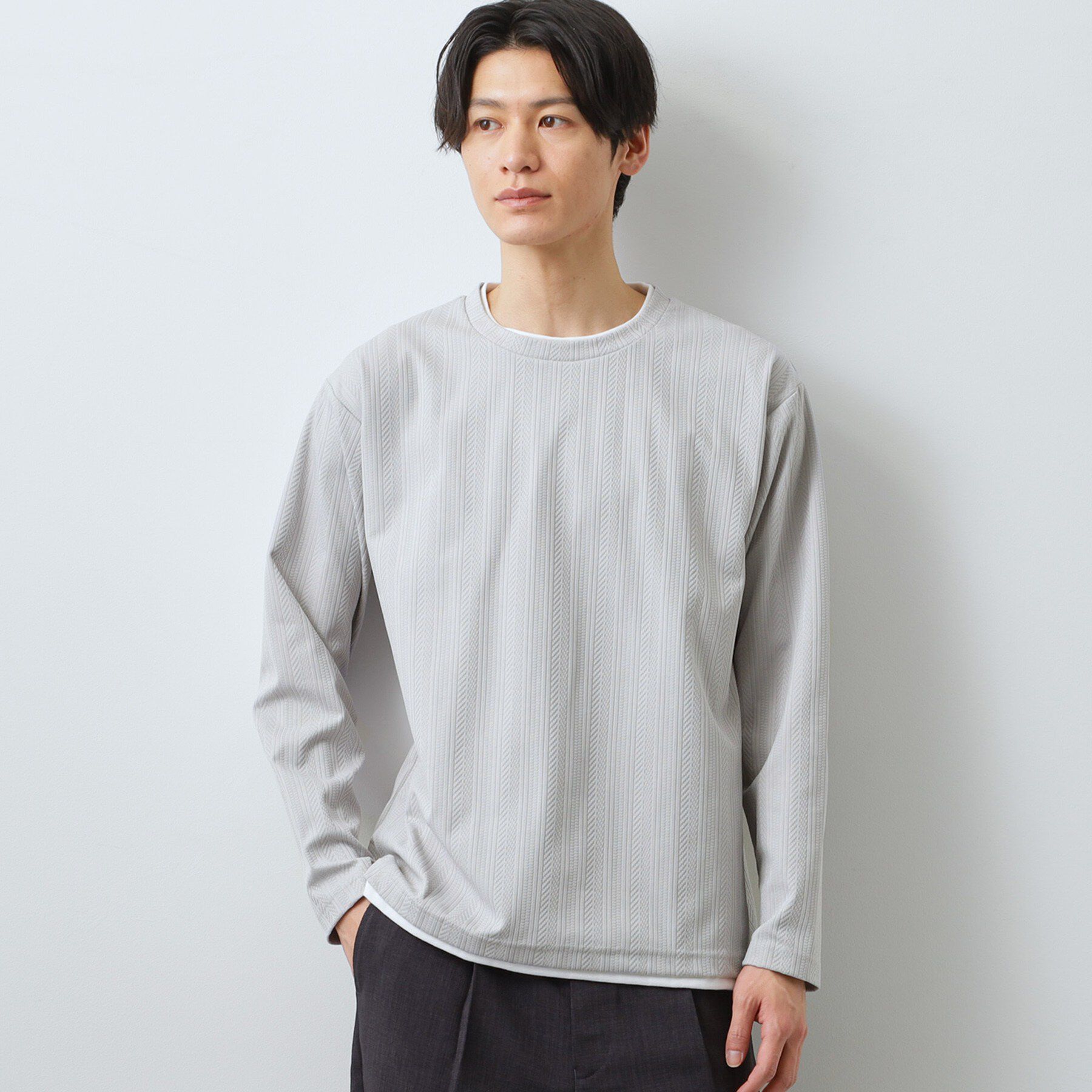 THE SHOP TK「【程よく品のある着こなし】ジャカード フェイクレイヤード長袖Tシャツ 洗濯機OK」|Tシャツ・カットソー|ライトグレー(011