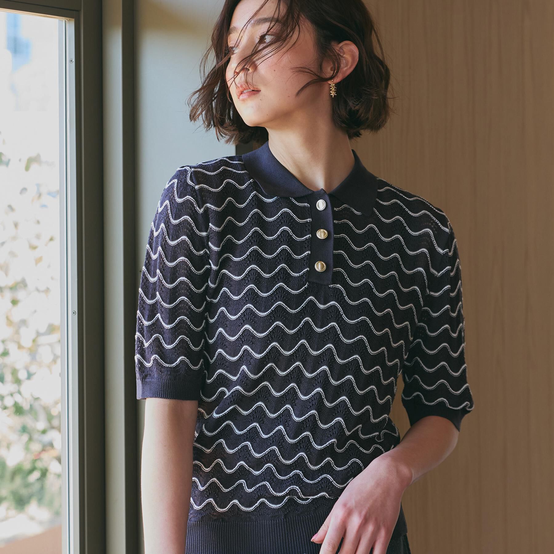 THE SHOP TK「【さらさらタッチ】ジャカードポロニット」|ニット・セーター|チャコールグレー(3