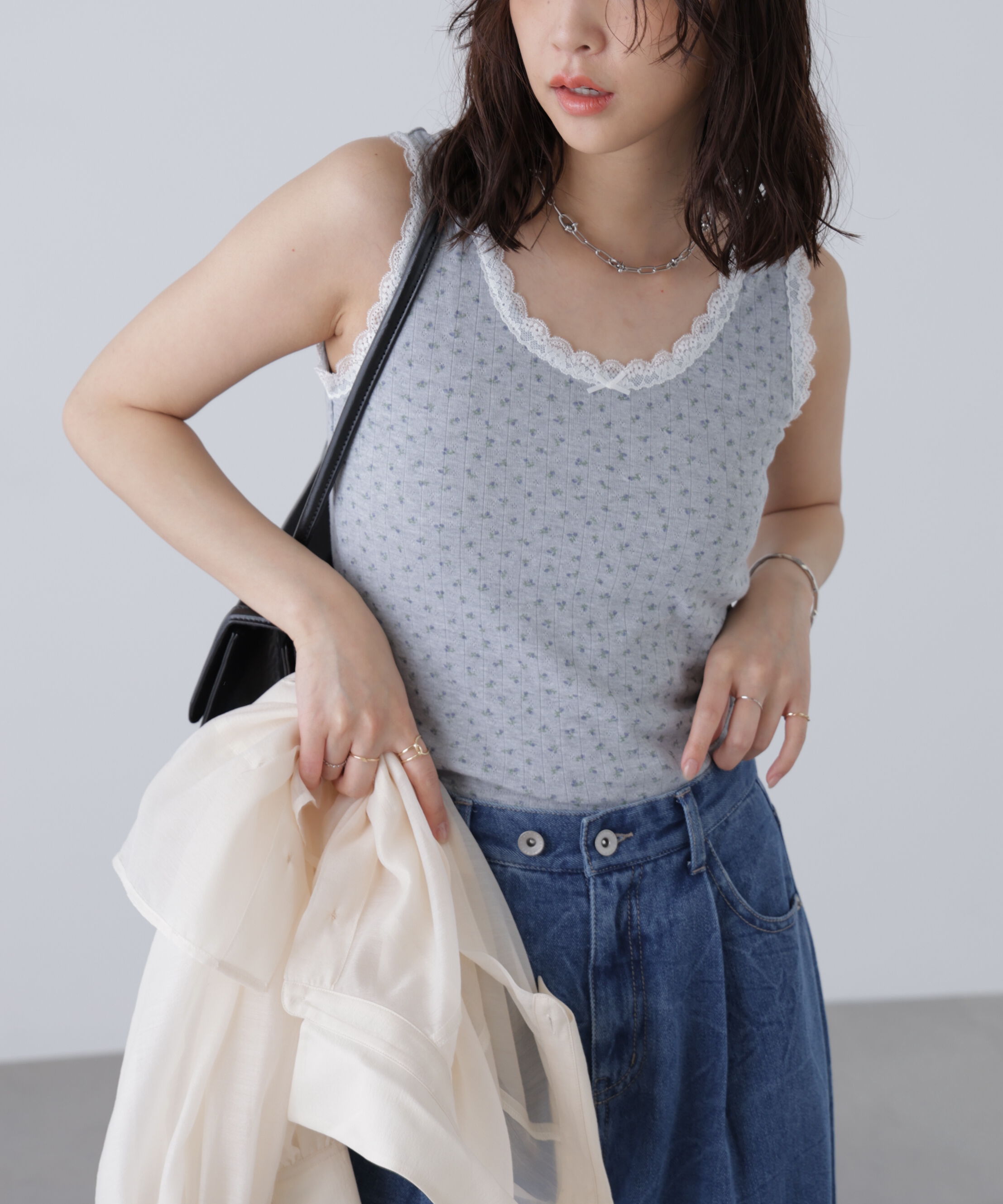  「花柄レーステレコタンクトップ」|Tシャツ・カットソー|