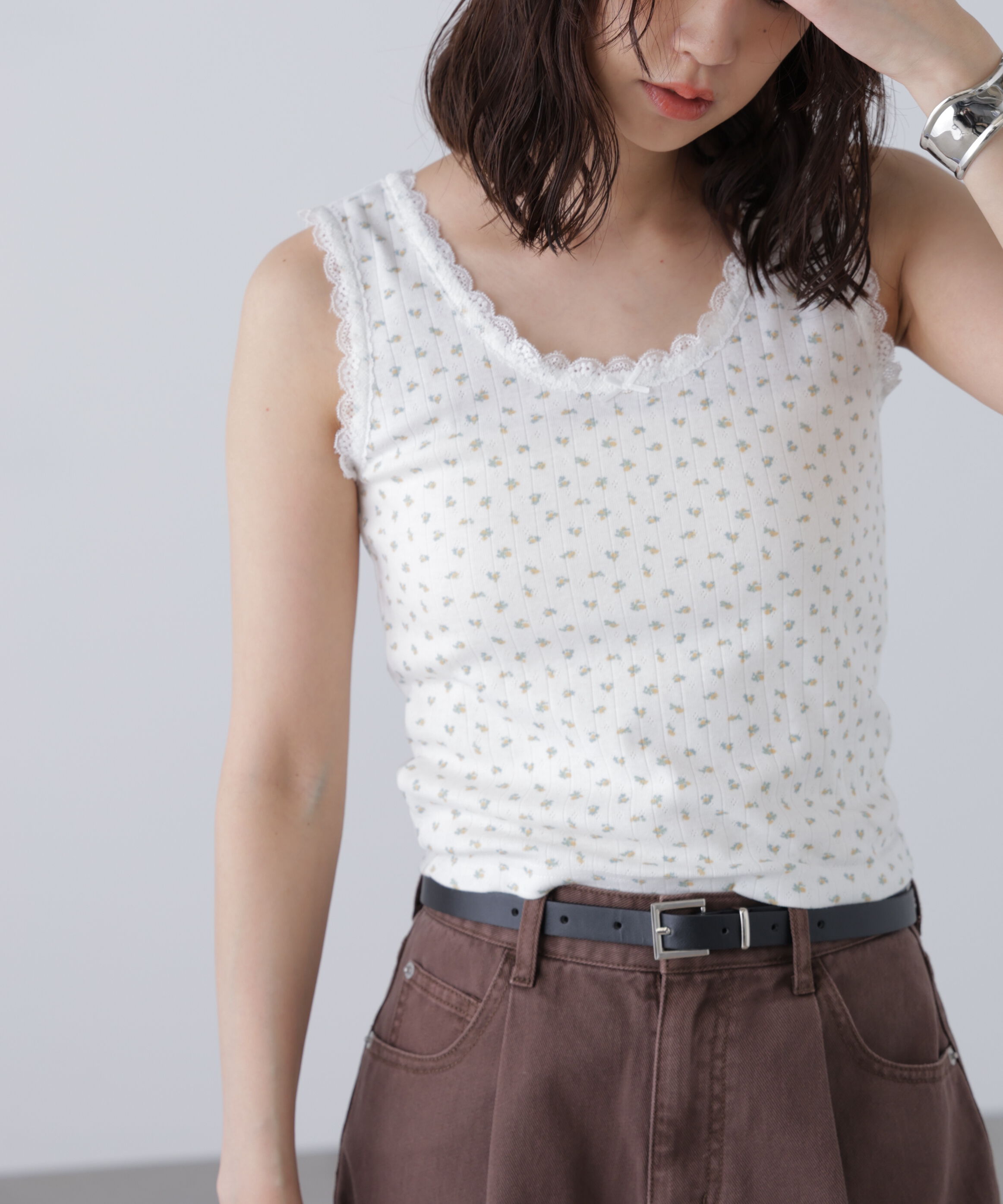  「花柄レーステレコタンクトップ」|Tシャツ・カットソー|