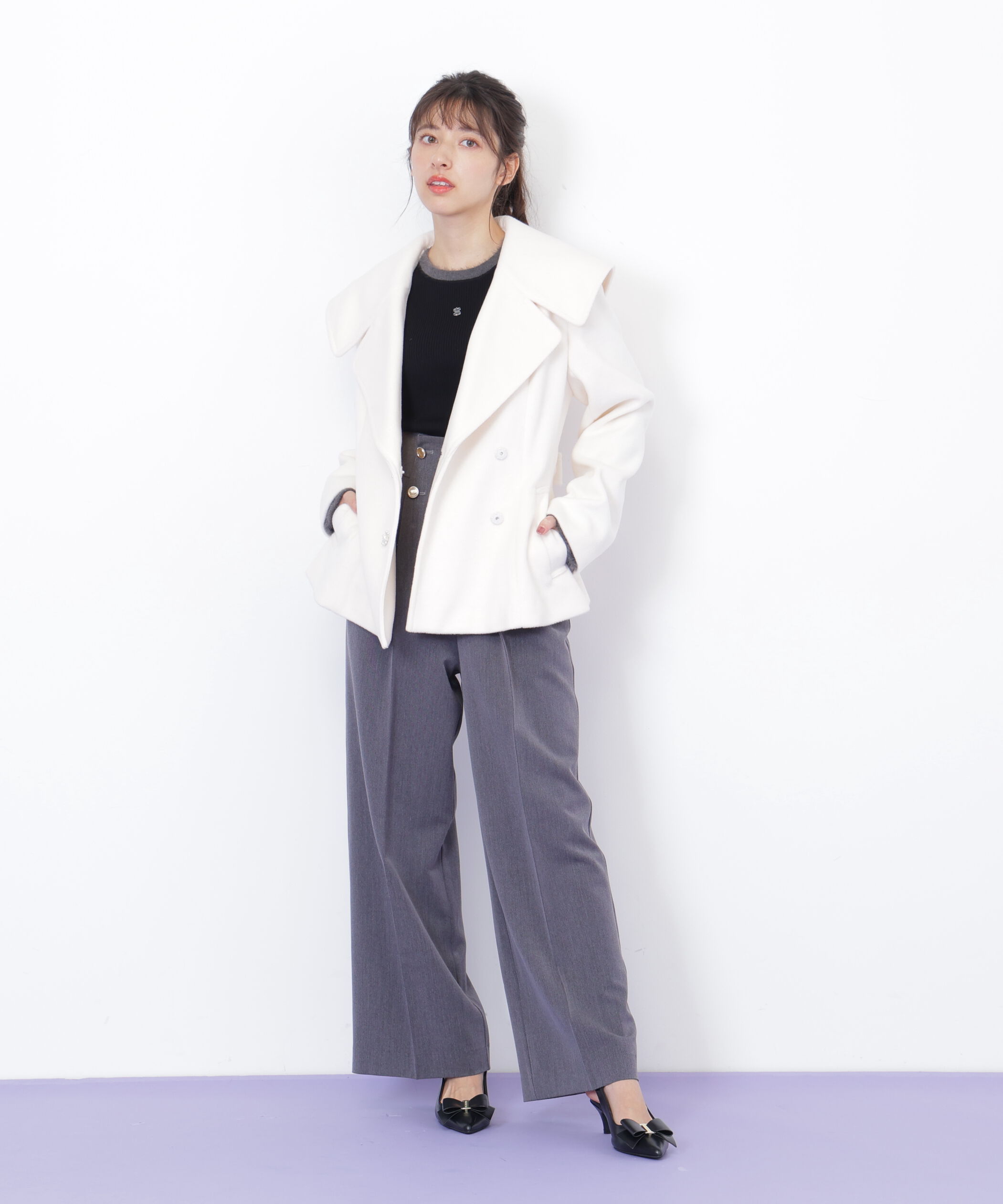  「ビジュー釦ビッグカラーショートコート」|その他|