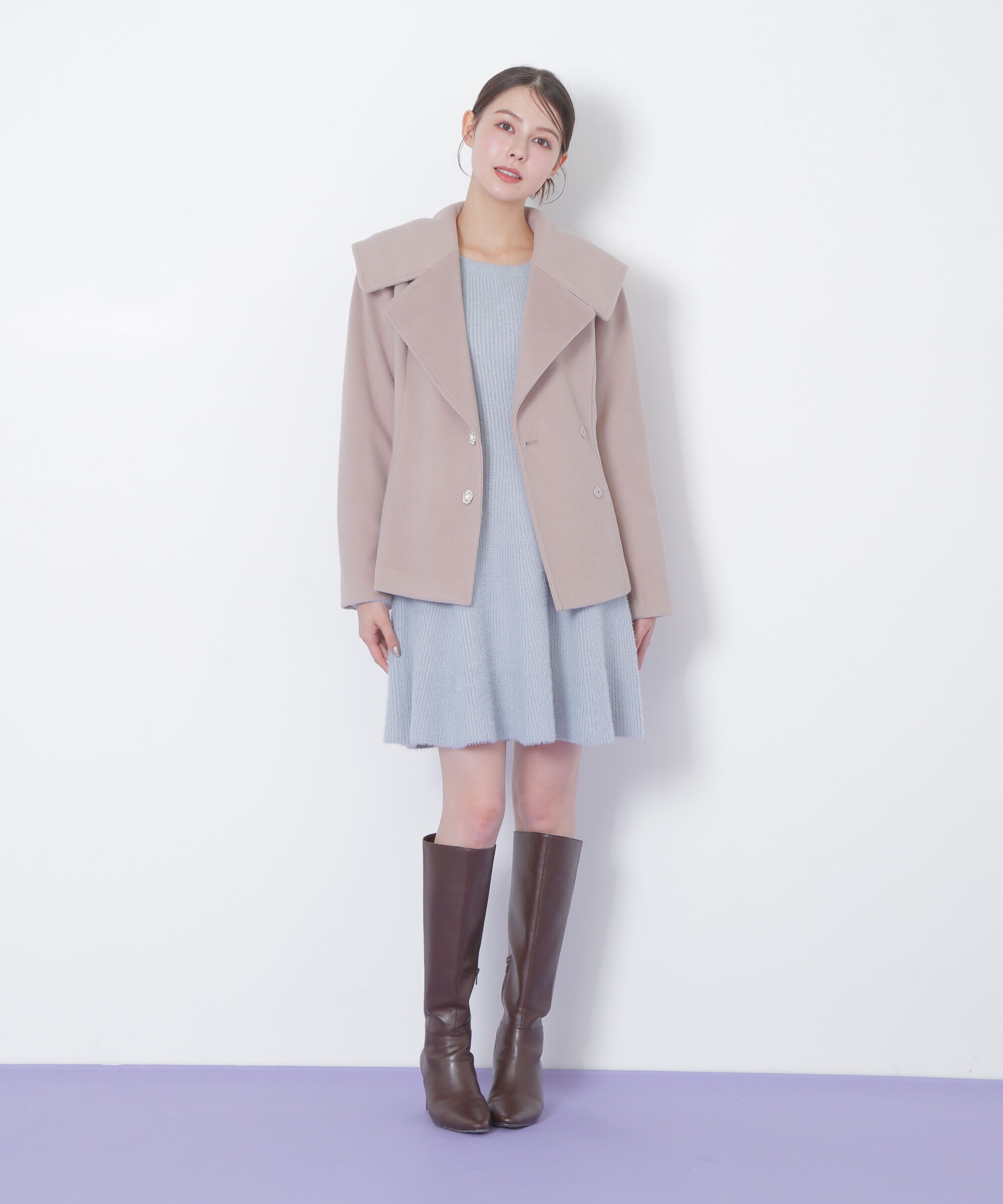  「ビジュー釦ビッグカラーショートコート」|その他|