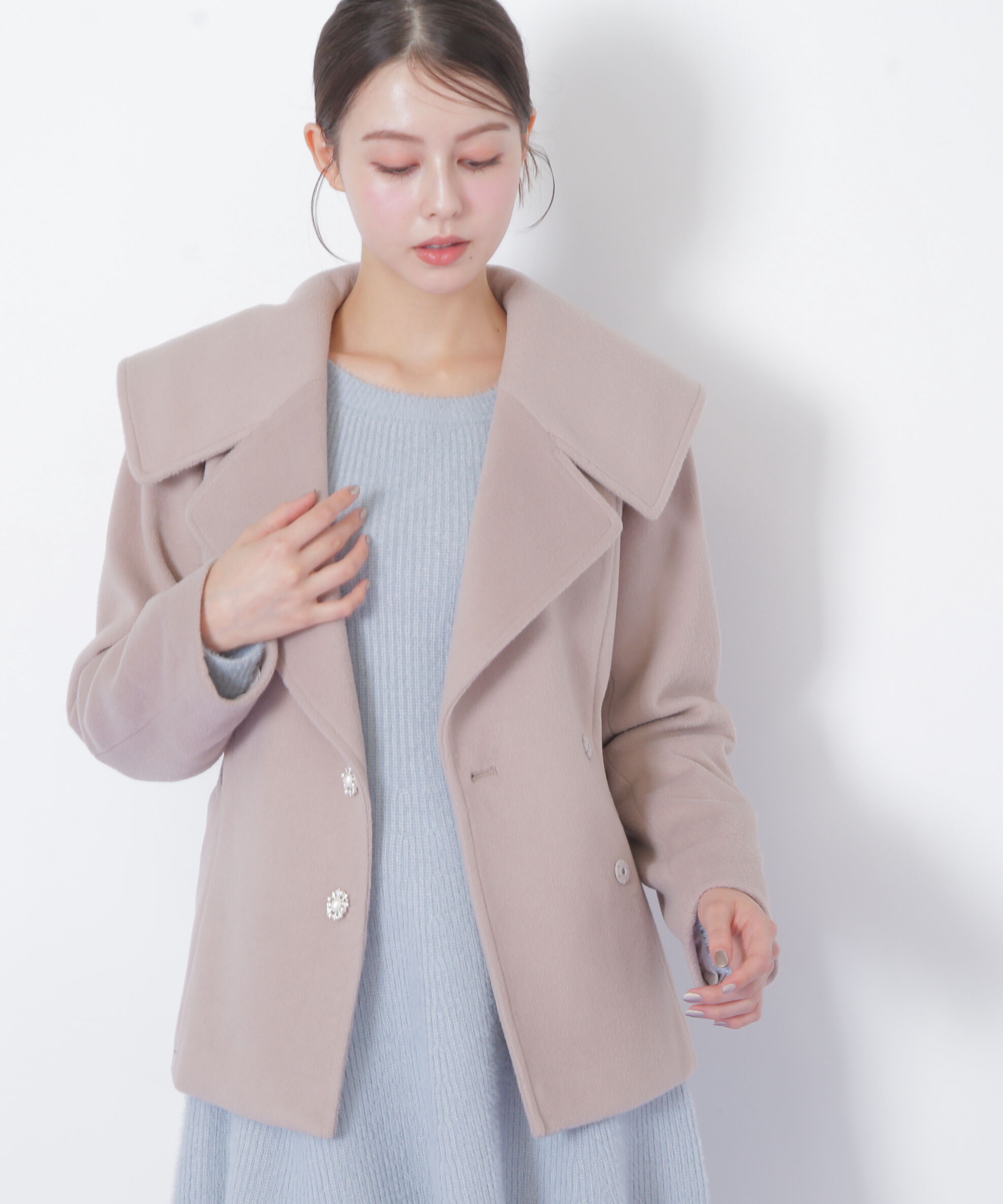  「ビジュー釦ビッグカラーショートコート」|その他|