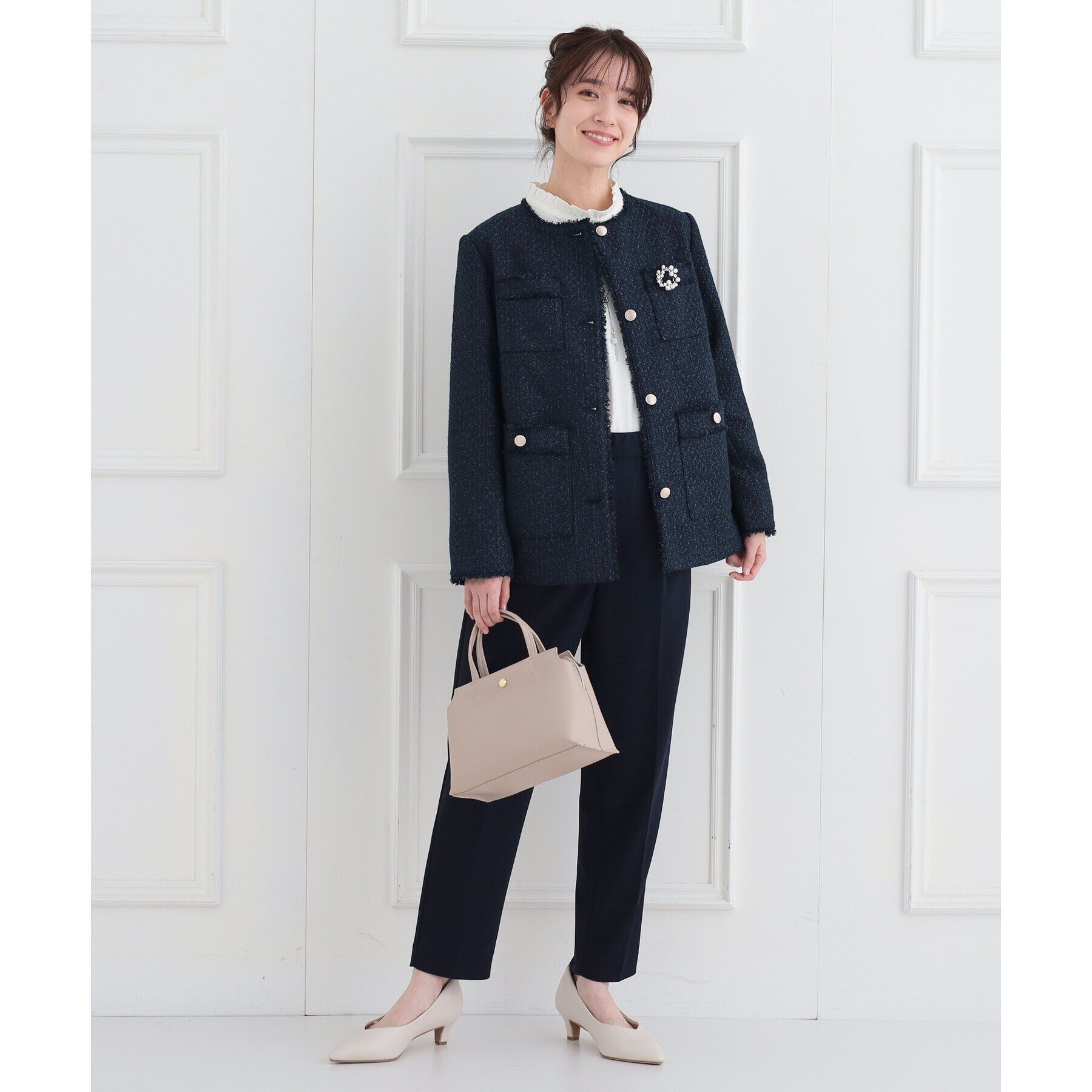 SHOO･LA･RUE「【S-3L/洗える/セレモニー】さらり軽やか スタンドカラー フリルブラウス」|シャツ・ブラウス|