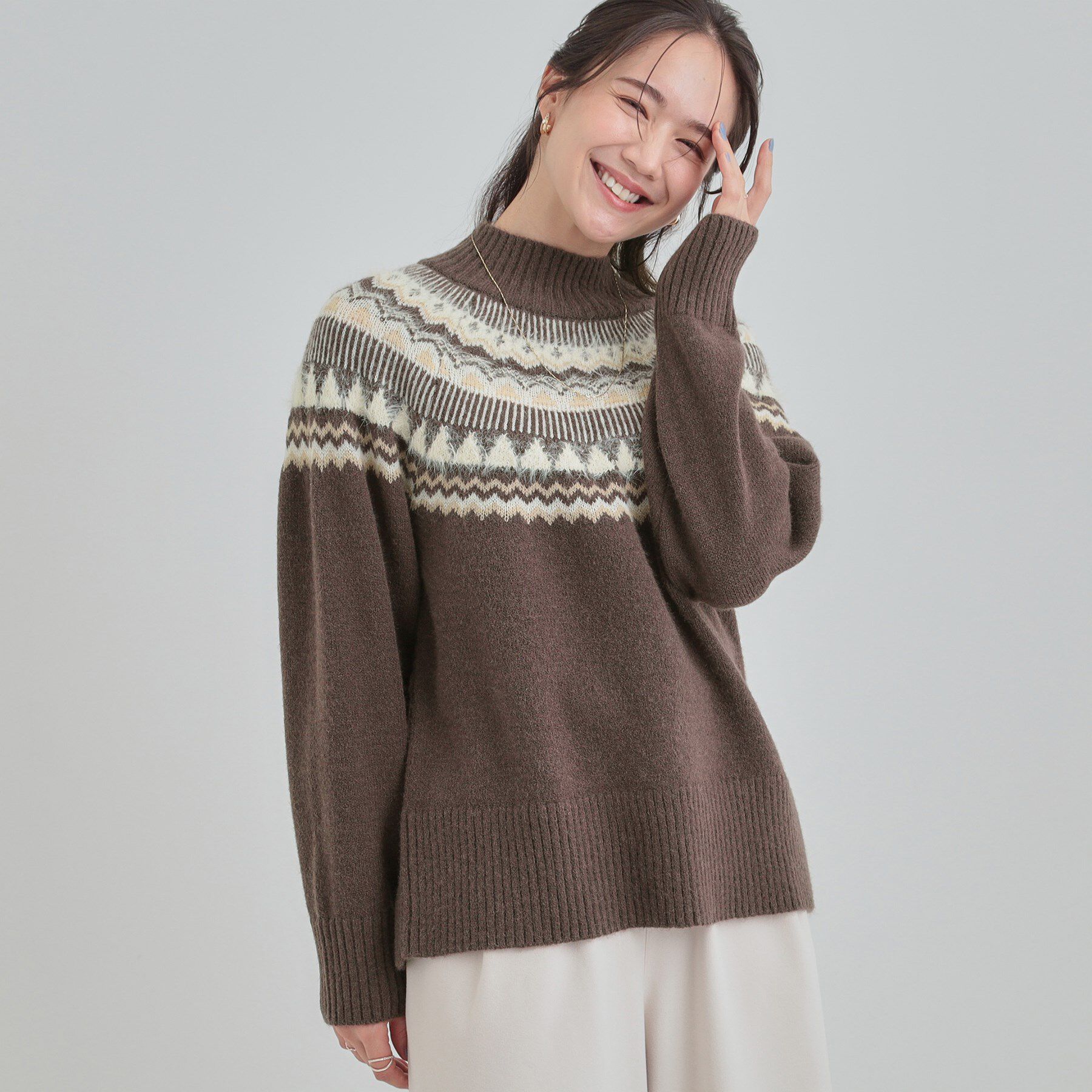 SHOO･LA･RUE「【洗濯機可/S-LL】配色が大人かわいい　フェアアイル柄求心ニット」|ニット・セーター|ブラウン(443)