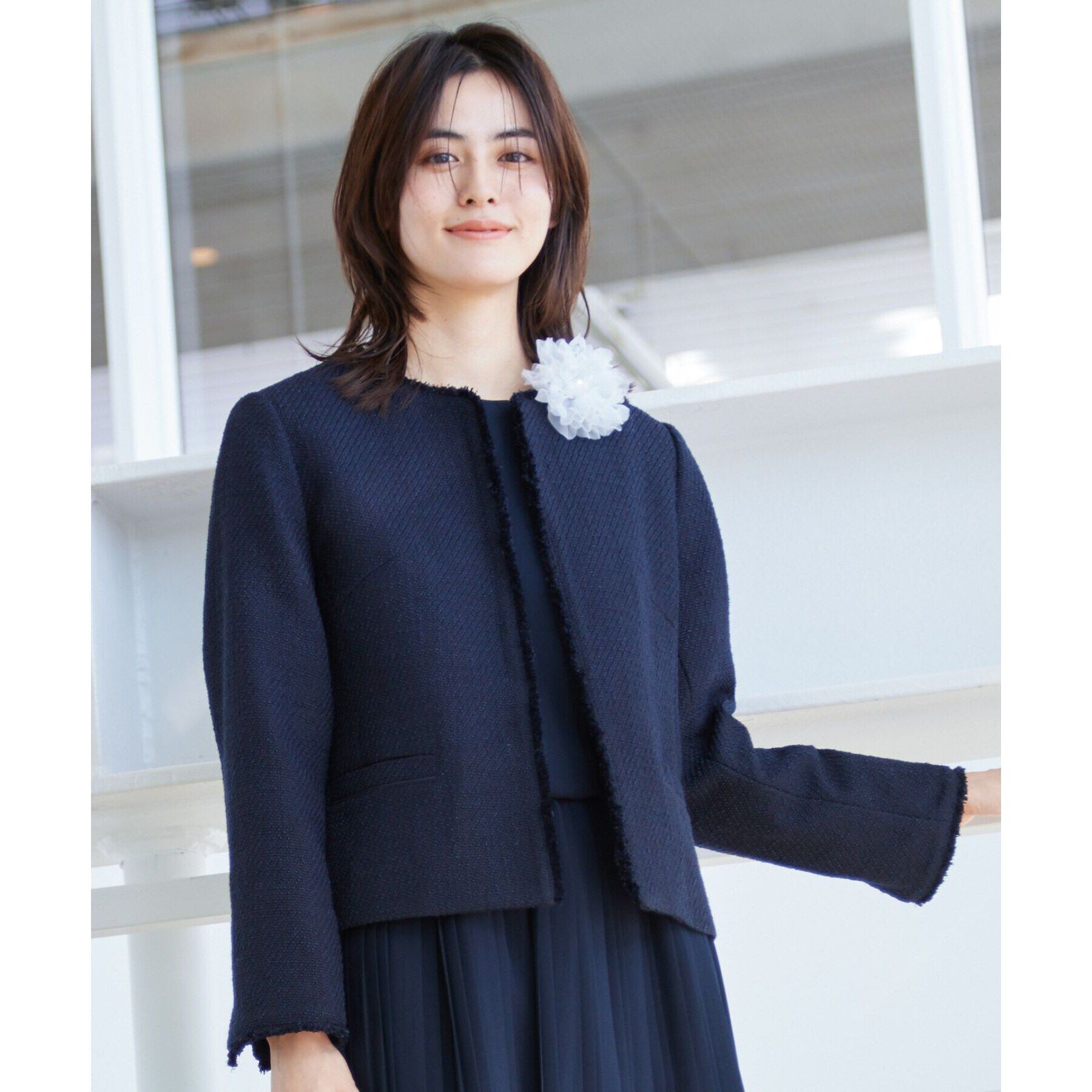 Dessin「【入卒/セレモニー】ツイードクルーネックジャケット」|ノーカラージャケット|ネイビー(094)