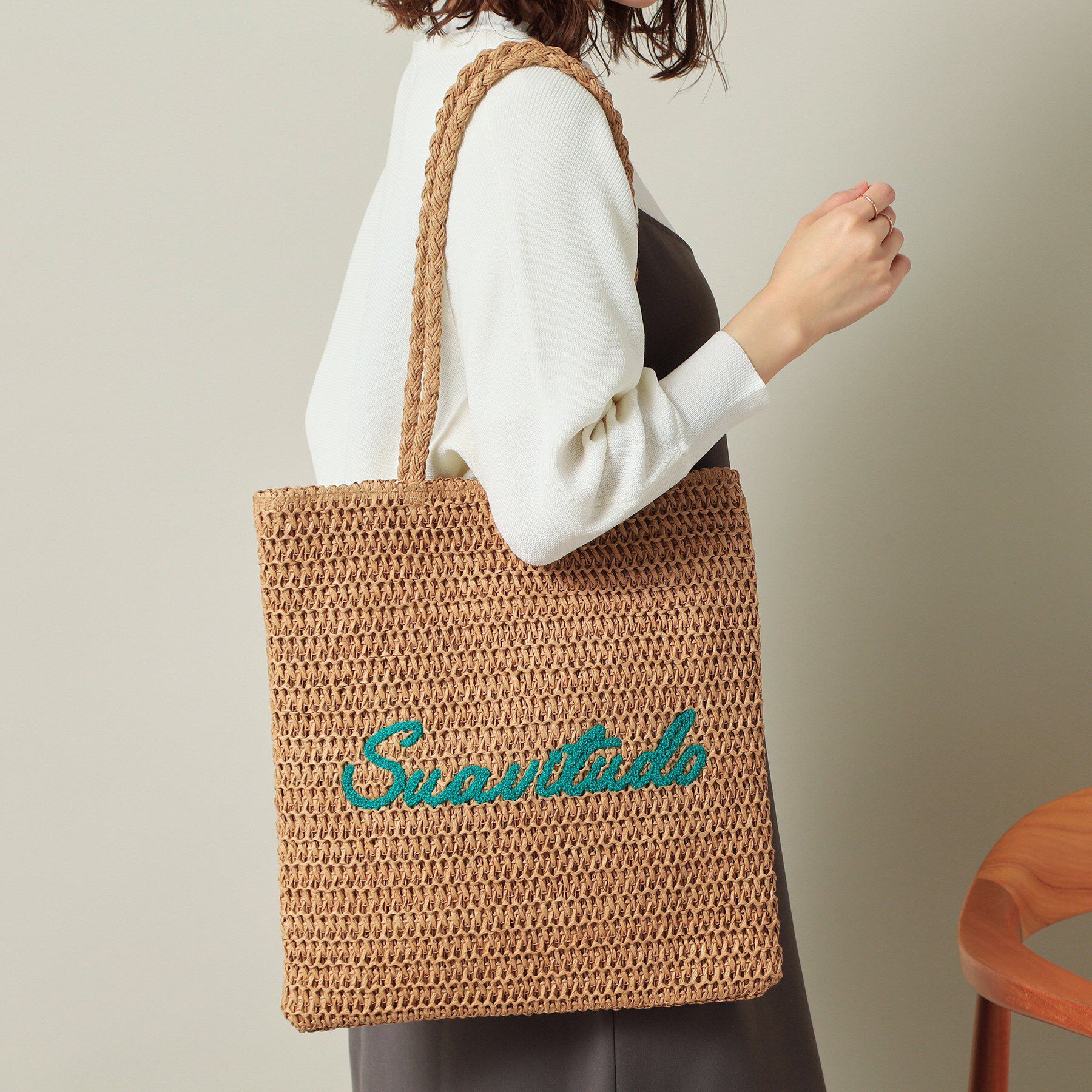 ITS&rsquo;DEMO「雑材サガラ刺繍フラットトート」|トートバッグ|ベージュ(052)