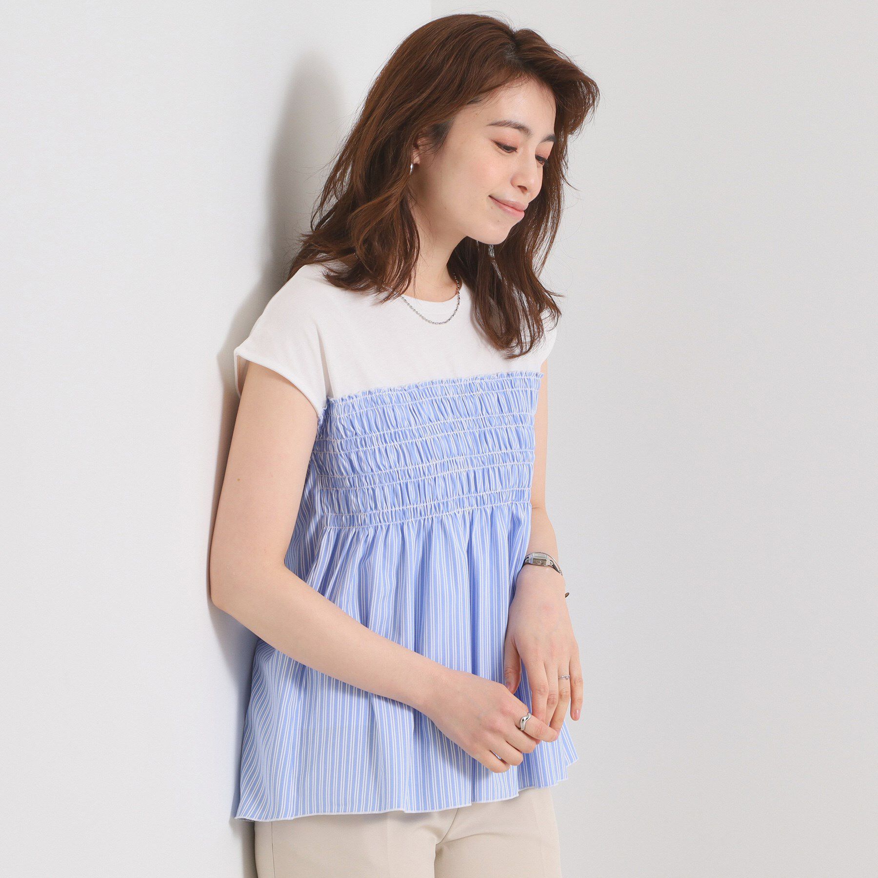 ITS&rsquo;DEMO「【手洗い可】ストライプビスチェ風トップス」|Tシャツ・カットソー|サックスブルー(09