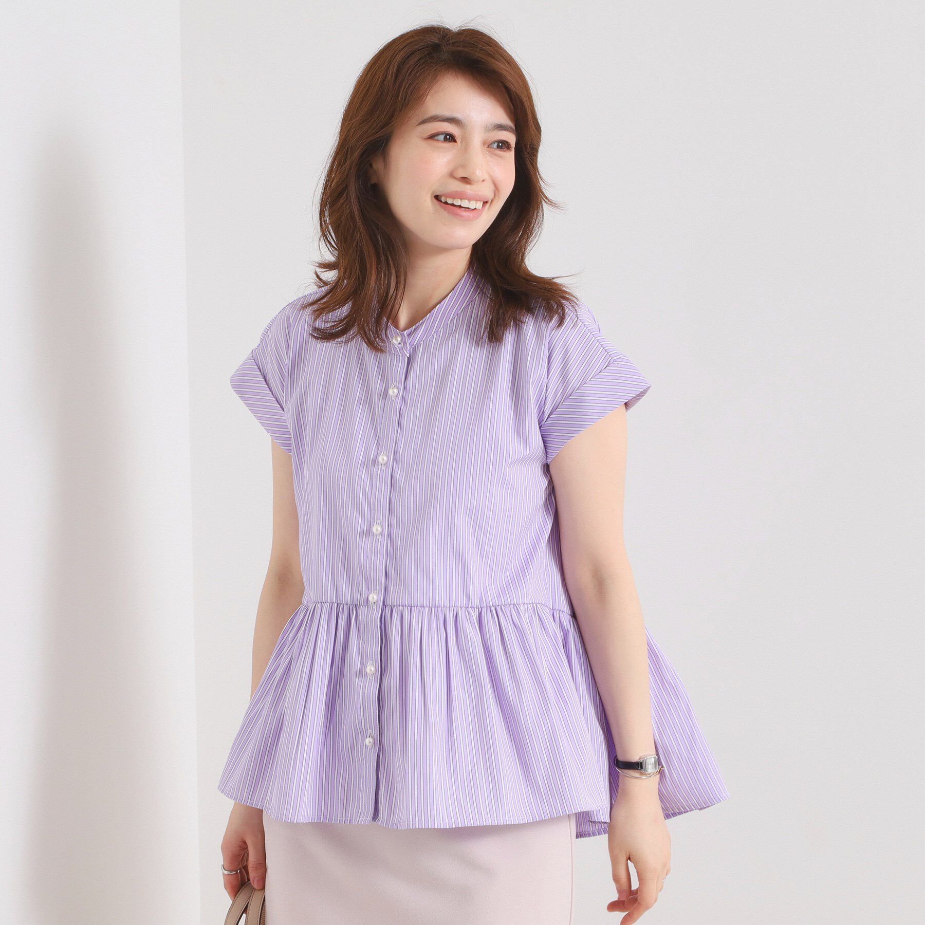 ITS&rsquo;DEMO「【接触冷感／手洗い可】ストライプペプラムブラウス」|シャツ・ブラウス|ラベンダー(380)