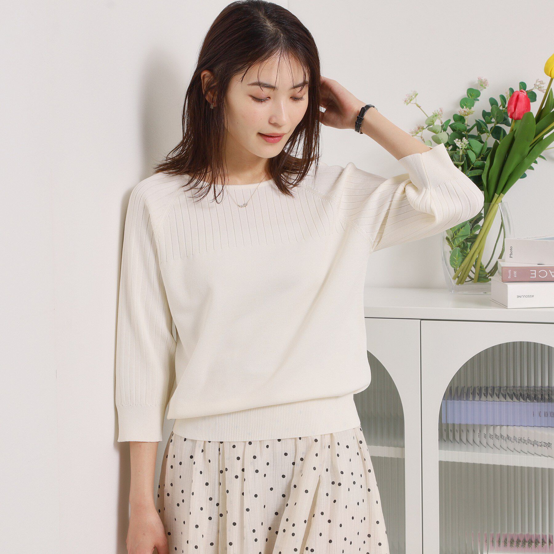 ITS&rsquo;DEMO「【縮みに強い／毛玉防止／洗濯機OK】タフニット リブ切替ニットプルオーバー」|ニット・セーター|オフホワイト(003