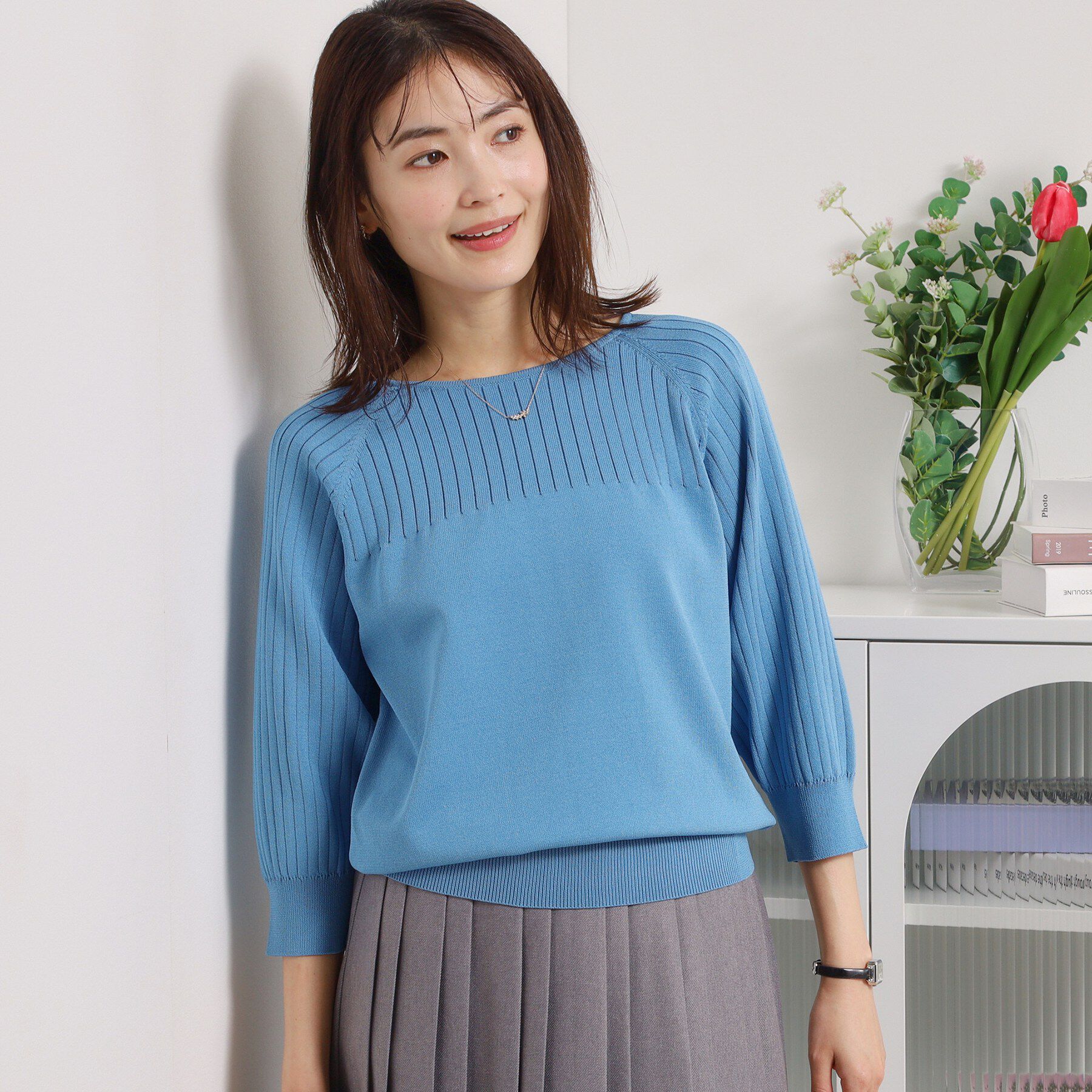 ITS&rsquo;DEMO「【縮みに強い／毛玉防止／洗濯機OK】タフニット リブ切替ニットプルオーバー」|ニット・セーター|ブルー(092)
