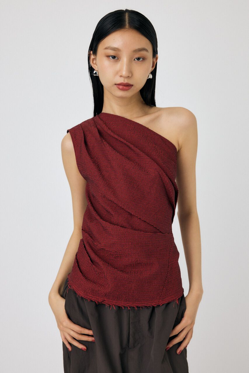 MOUSSY「PLAID ONE SHOULDER ブラウス」|その他|RED