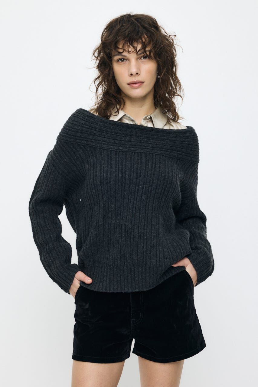 MOUSSY「OVER RIB OFF SHOULDER トップス」|ニット・セーター|T.GRY