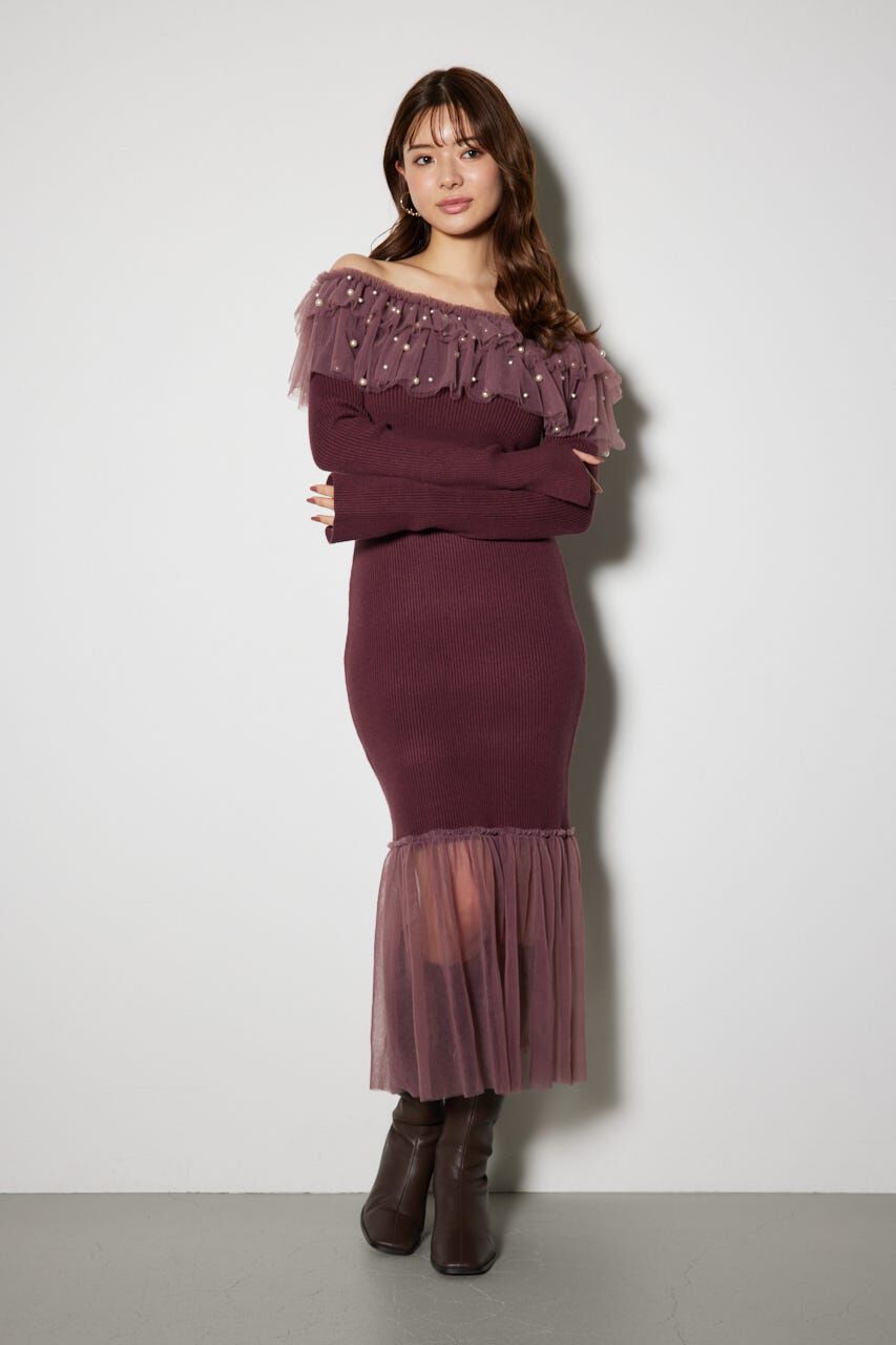 rienda「チュールコンビオフショルニットワンピース」|ワンピース|