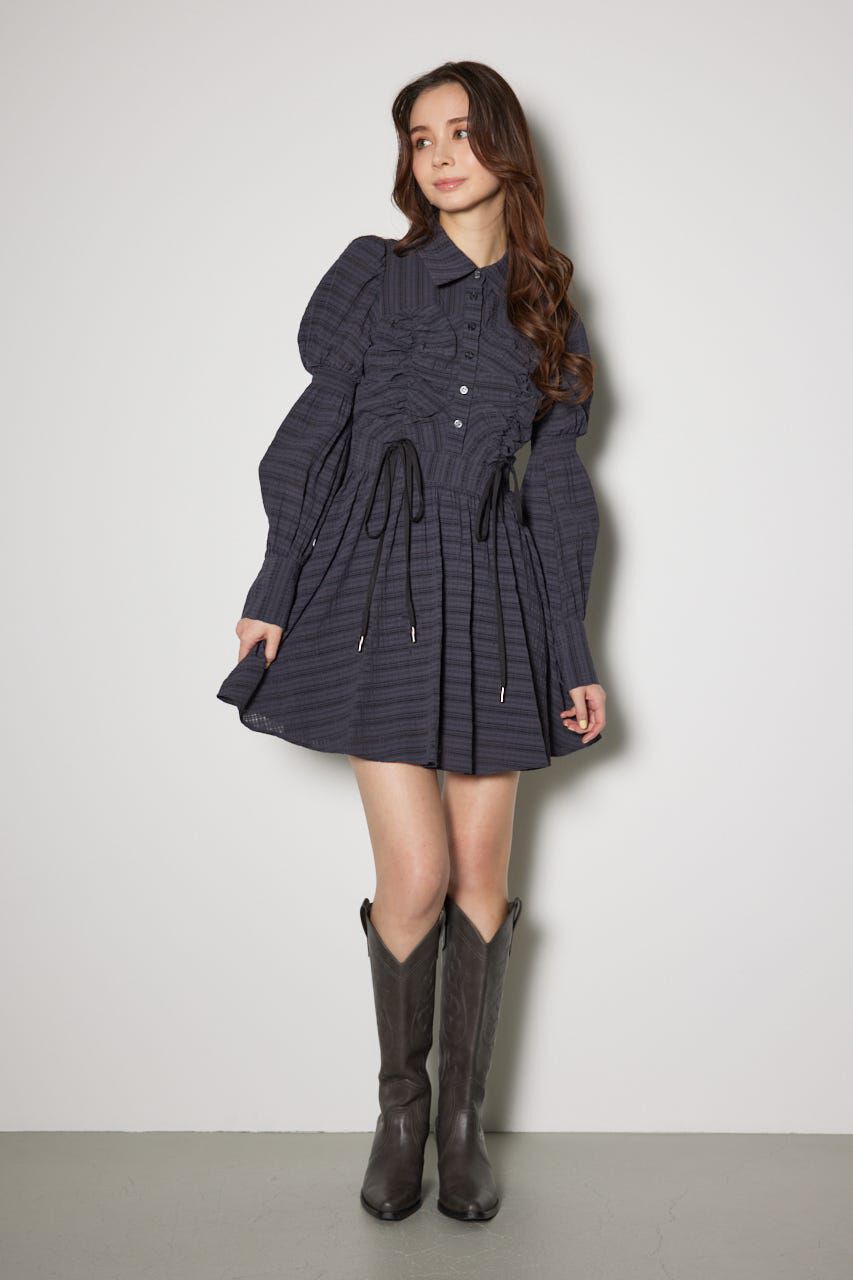 rienda「フロントシャーリングリボンミニシャツフレアワンピース」|ワンピース|L/BLK1