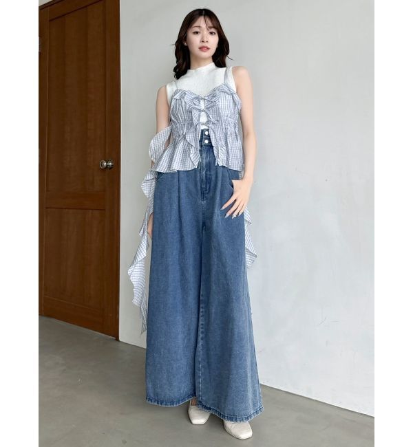 dazzlin「ダブルハイウエストワイドデニムパンツ」|デニム|