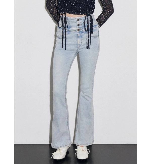 EMODA「ドットラインハイウエストフレアパギンス」|デニム|アイスブルー