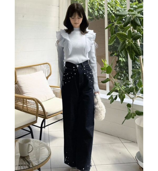 MERCURYDUO「異素材プリーツラッフルリブニット」|ニット・セーター|