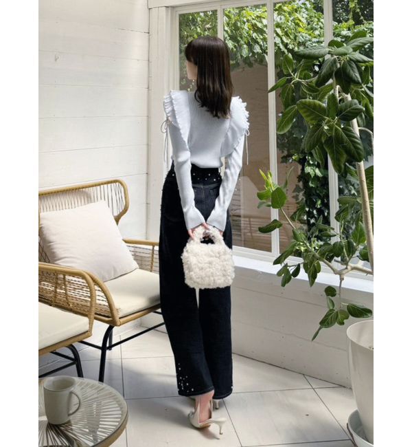 MERCURYDUO「異素材プリーツラッフルリブニット」|ニット・セーター|