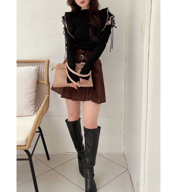 MERCURYDUO「異素材プリーツラッフルリブニット」|ニット・セーター|