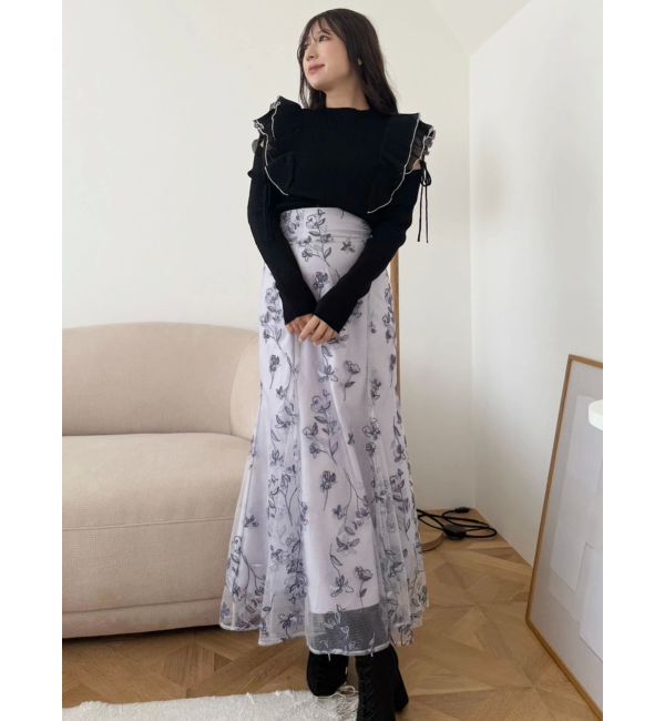 MERCURYDUO「異素材プリーツラッフルリブニット」|ニット・セーター|