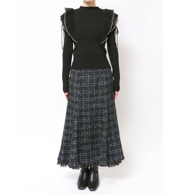 MERCURYDUO「異素材プリーツラッフルリブニット」|ニット・セーター|