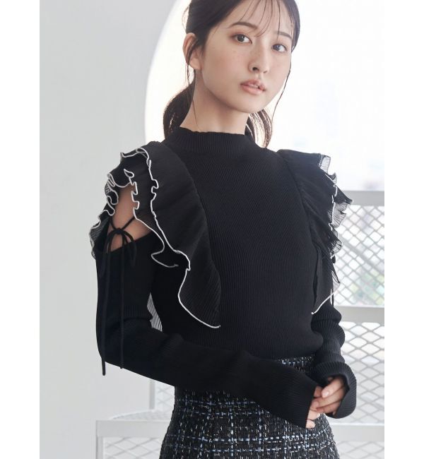 MERCURYDUO「異素材プリーツラッフルリブニット」|ニット・セーター|