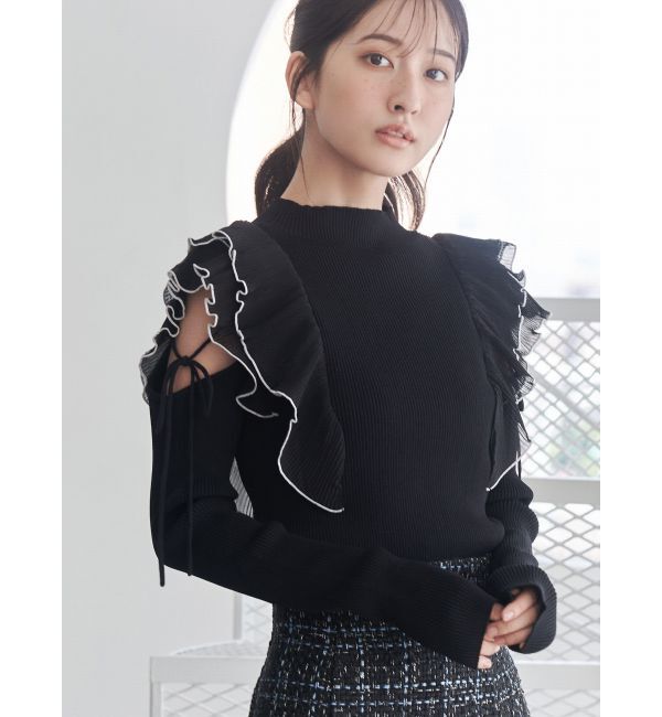 MERCURYDUO「異素材プリーツラッフルリブニット」|ニット・セーター|ブラック