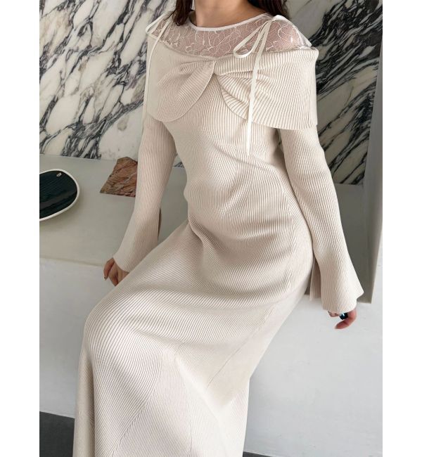 MERCURYDUO「レース切替オフショルニットワンピース」|ワンピース|アイボリー