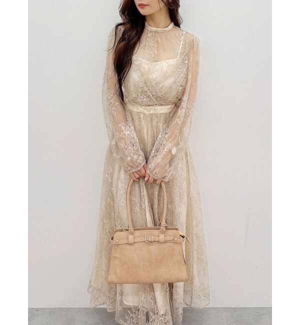 MERCURYDUO「レースギャザーフレアワンピース」|ワンピース|ベージュ