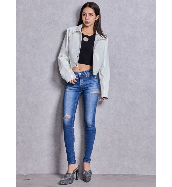 GYDA「Symmetry GYDA EMBOSSパテントフェイクレザーショートジャケット」|ライダースジャケット|