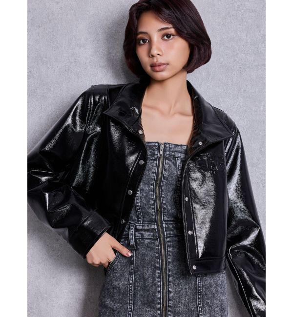 GYDA「Symmetry GYDA EMBOSSパテントフェイクレザーショートジャケット」|ライダースジャケット|ブラック