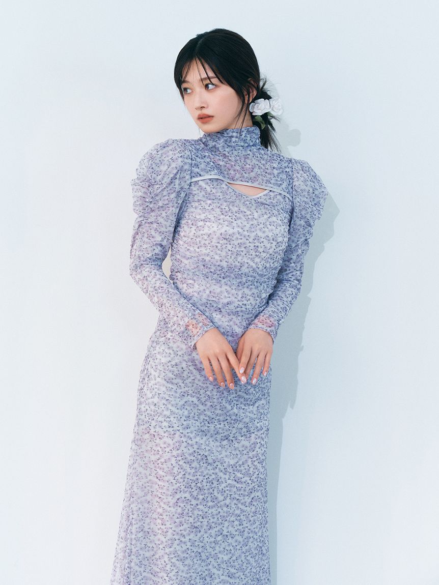 LILY BROWN「カッティングチュールプリントワンピース」|ドレス|