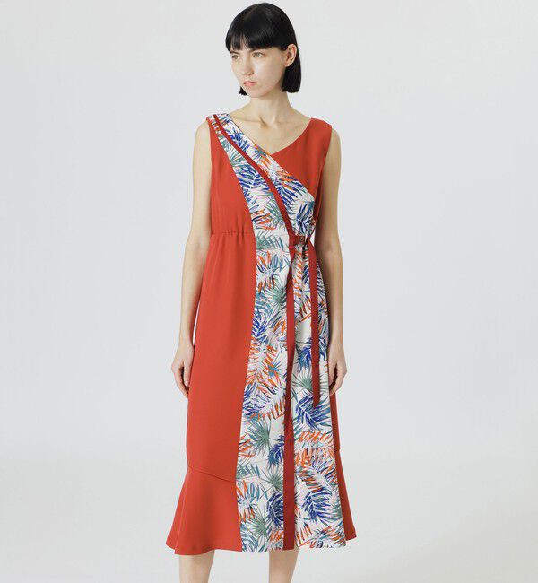  「【手洗い可】ブロッキングボタニカルプリントワンピース」|ワンピース|レッド