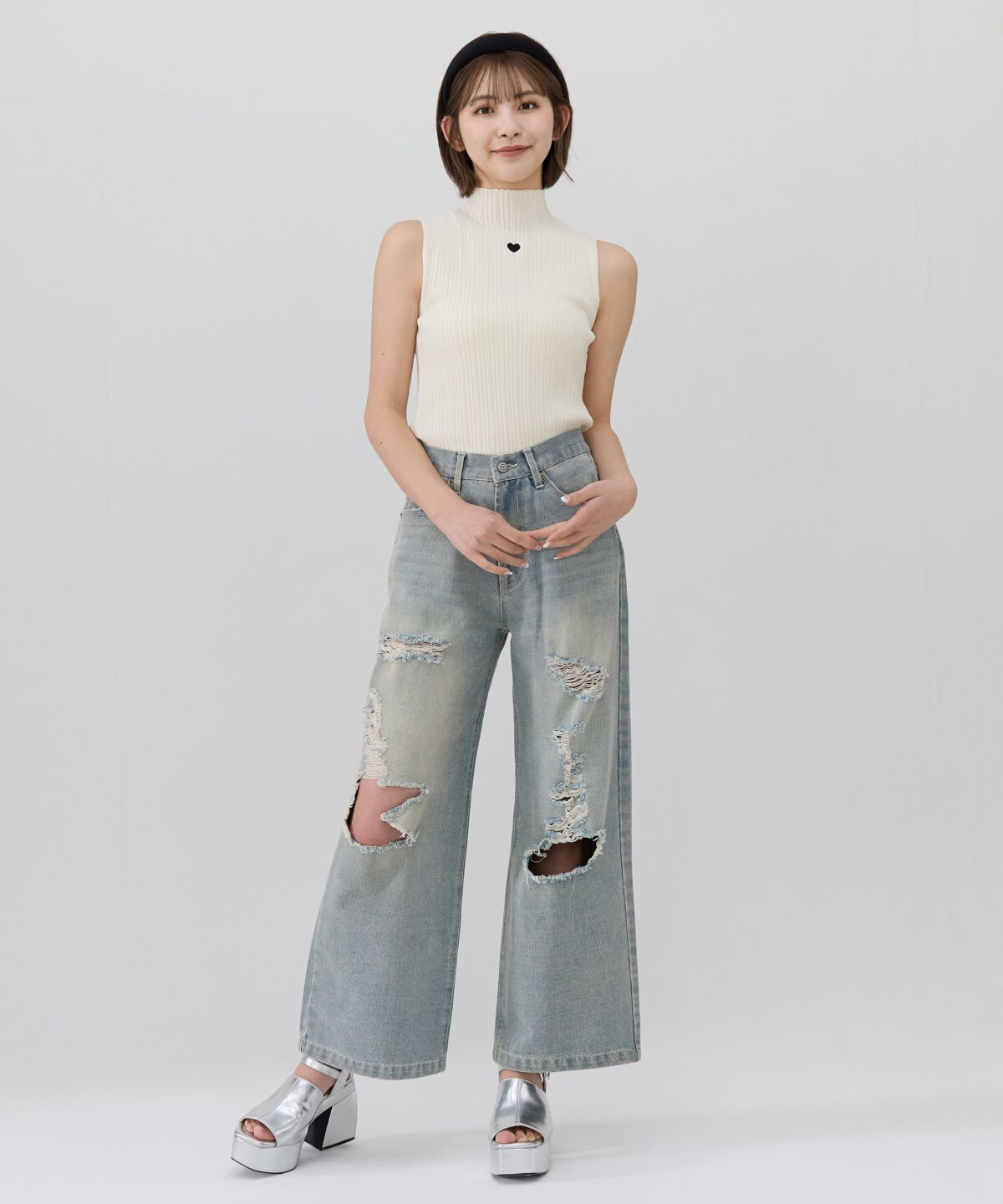 REDYAZEL「ハート刺繍ノースリーブリブニット」|ニット・セーター|