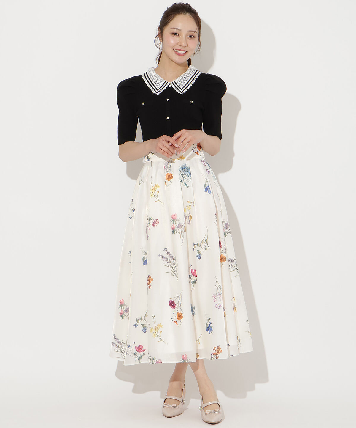 WILLSELECTION「ボタニカルフラワーシアータックスカート」|フレア|白系花柄