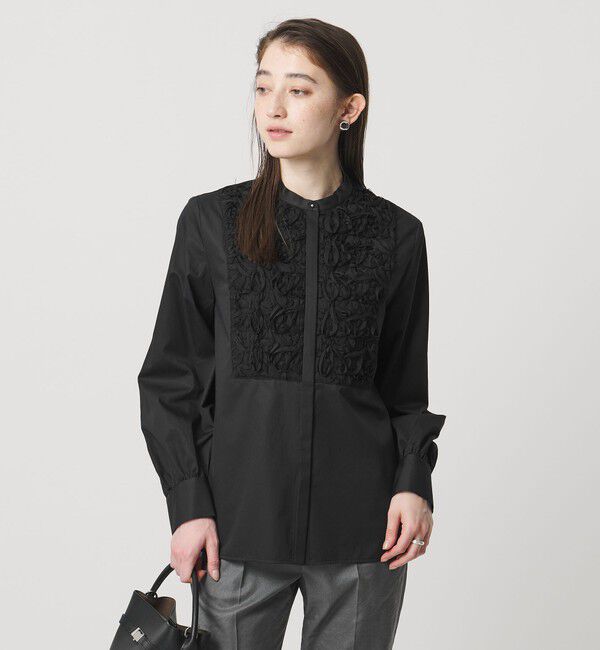 UNITED ARROWS「サテン エンブロイダリーフラワー シャツ ブラウス」|シャツ・ブラウス|BLACK