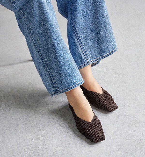 UNITED ARROWS green label relaxing「ウェルネスシアー スクエア V フラットシューズ / ニットシューズ」|ローファー|DK.BROWN