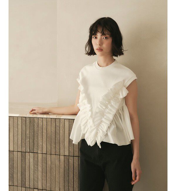 EMMEL REFINES「＜EMMEL REFINES＞EM テレコフリル ギャザー プルオーバー」|Tシャツ・カットソー|WHITE