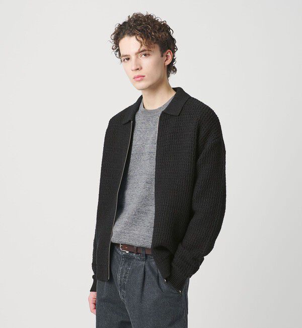 BEAUTY&YOUTH UNITED ARROWS「ブークレ レース ジップ ポロジャケット ウォッシャブル」|カーディガン|BLACK