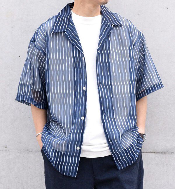 SHIPS any「SHIPS any: メッシュ オンブレチェック / ウェーブ パターン オープンカラー シアー シャツ◇」|シャツ・ブラウス|