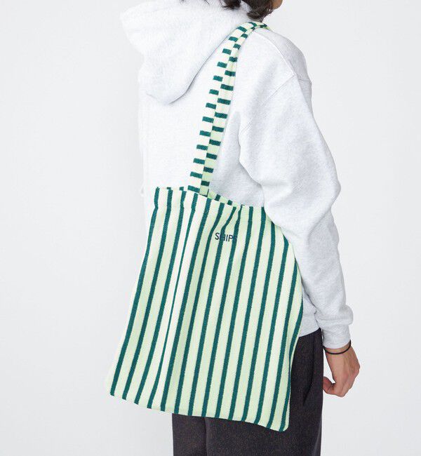 SHIPS「【WEB限定】SHIPS: パイル ストライプ SHIPSロゴ エンブロイダリー トート バッグ」|トートバッグ|グリーン