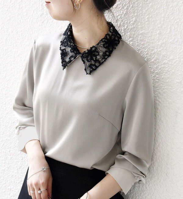 SHIPS any「SHIPS any:〈洗濯機可能〉サテン レースカラー ブラウス」|シャツ・ブラウス|ライトグレー