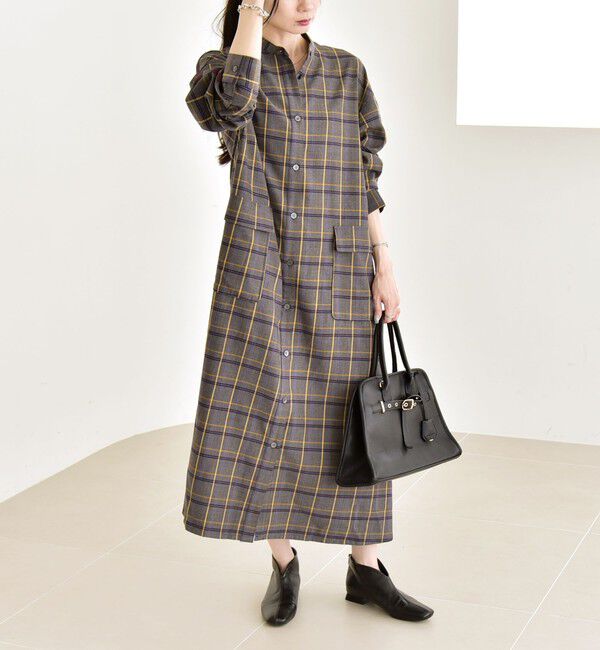 quaranciel「quaranciel: バンドカラー ライン チェック ポケット シャツ ワンピース」|ワンピース|