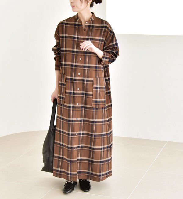 quaranciel「quaranciel: バンドカラー ライン チェック ポケット シャツ ワンピース」|ワンピース|