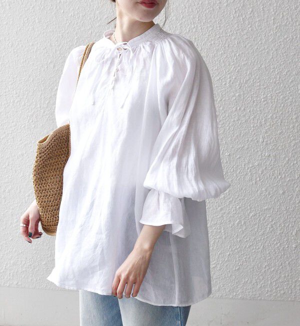 SHIPS any「SHIPS any:〈洗濯機可能〉リネン ボリューム スリーブ フレア ブラウス」|シャツ・ブラウス|